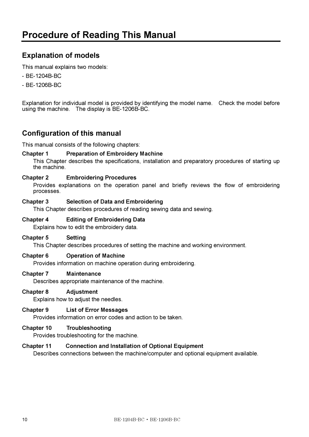 Brother BE-1206B-BC, BE-1204B-BC Procedure of Reading This Manual, Explanation of models, Configuration of this manual 