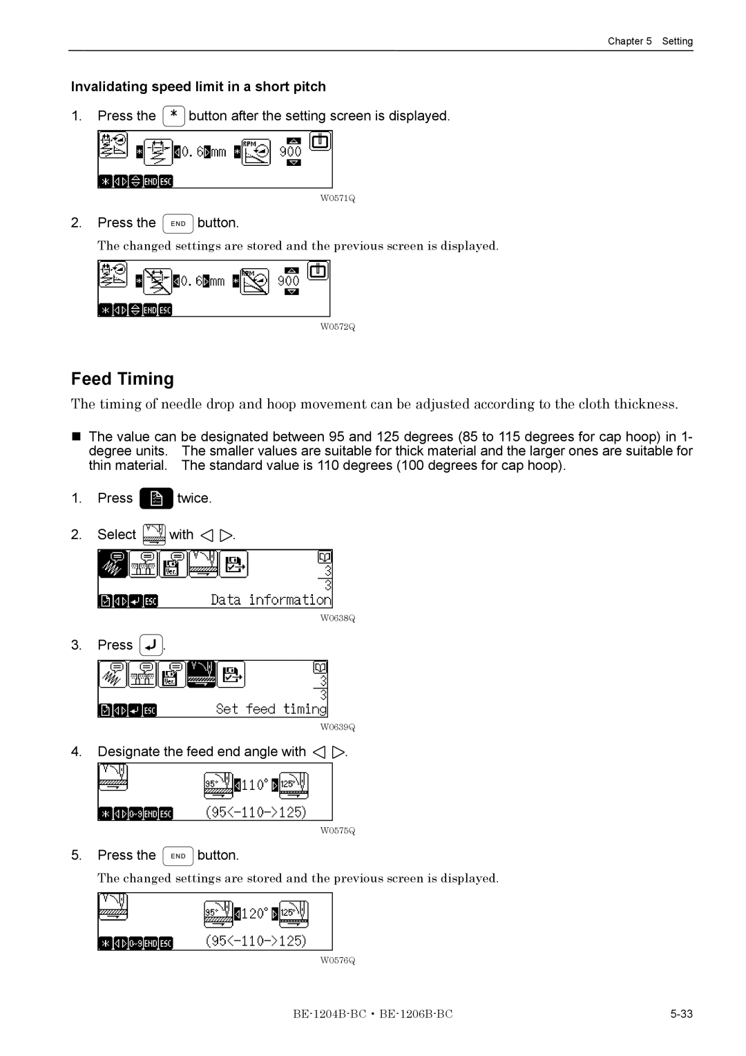 Brother BE-1204B-BC, BE-1206B-BC Feed Timing, Invalidating speed limit in a short pitch, Designate the feed end angle with 