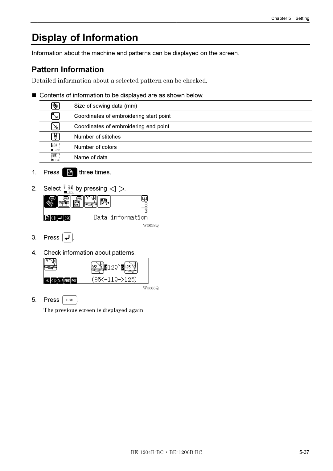 Brother BE-1204B-BC, BE-1206B-BC Display of Information, Pattern Information, Press three times Select by pressing 