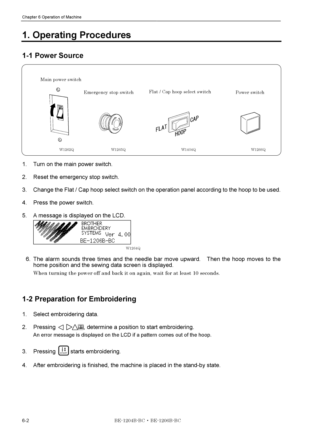 Brother BE-1206B-BC, BE-1204B-BC instruction manual Operating Procedures, Power Source, Preparation for Embroidering 