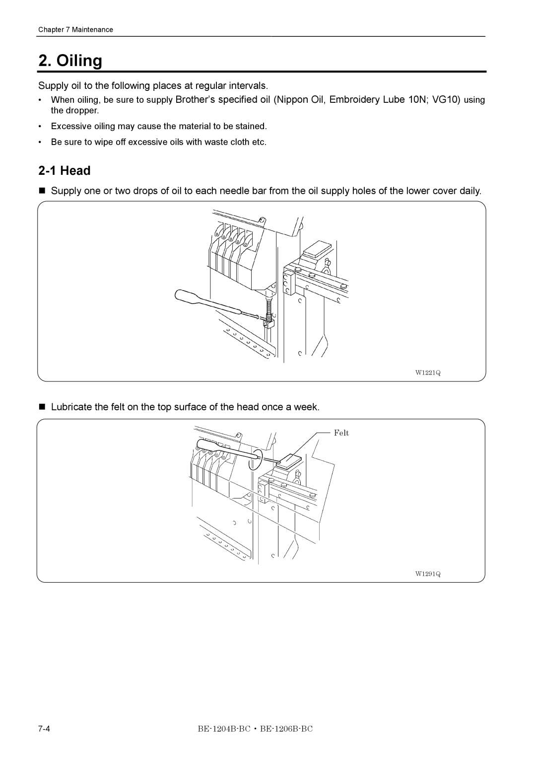 Brother BE-1206B-BC, BE-1204B-BC instruction manual Oiling, Head, Supply oil to the following places at regular intervals 