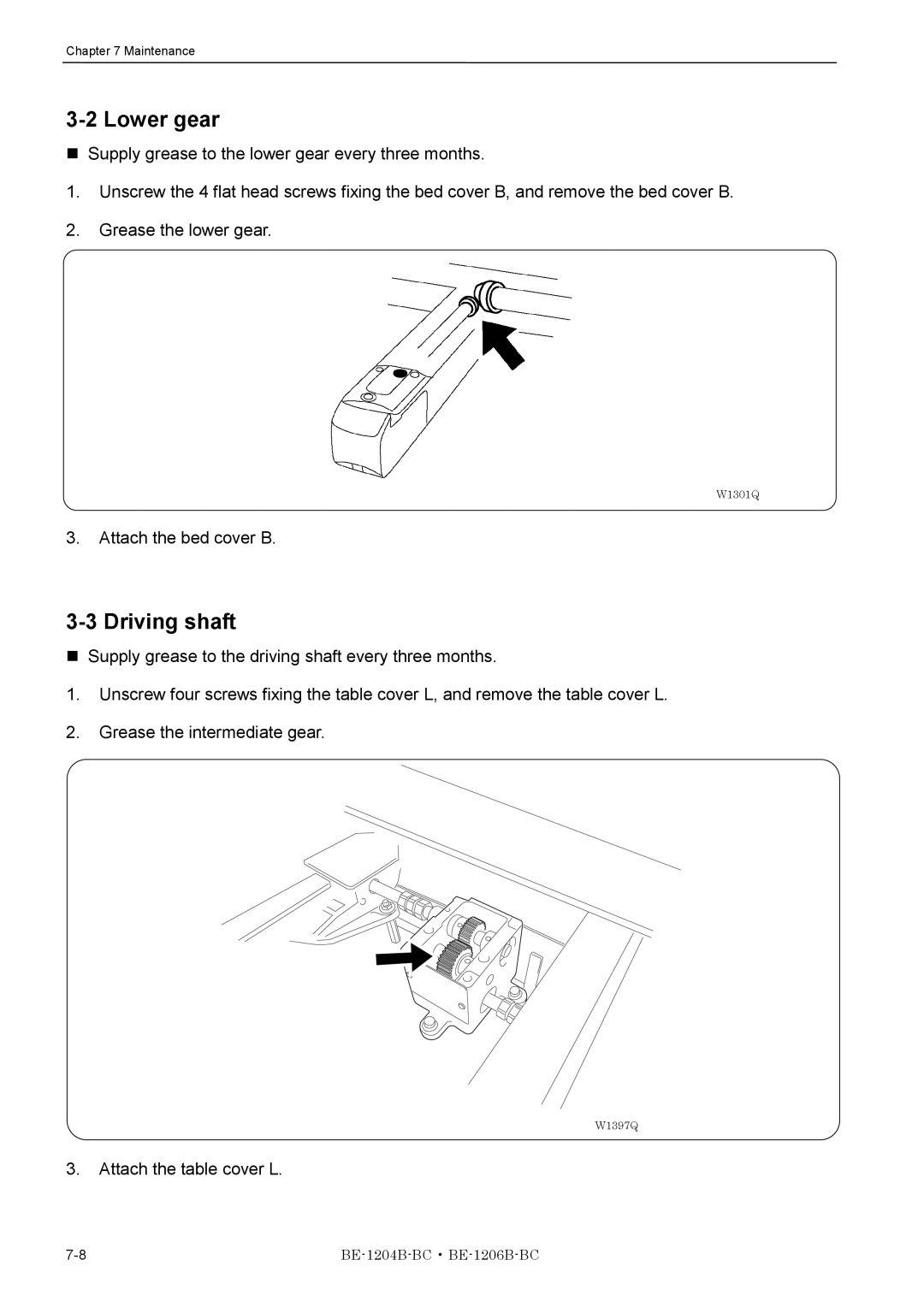 Brother BE-1206B-BC, BE-1204B-BC Lower gear, Driving shaft, Attach the bed cover B, Attach the table cover L 