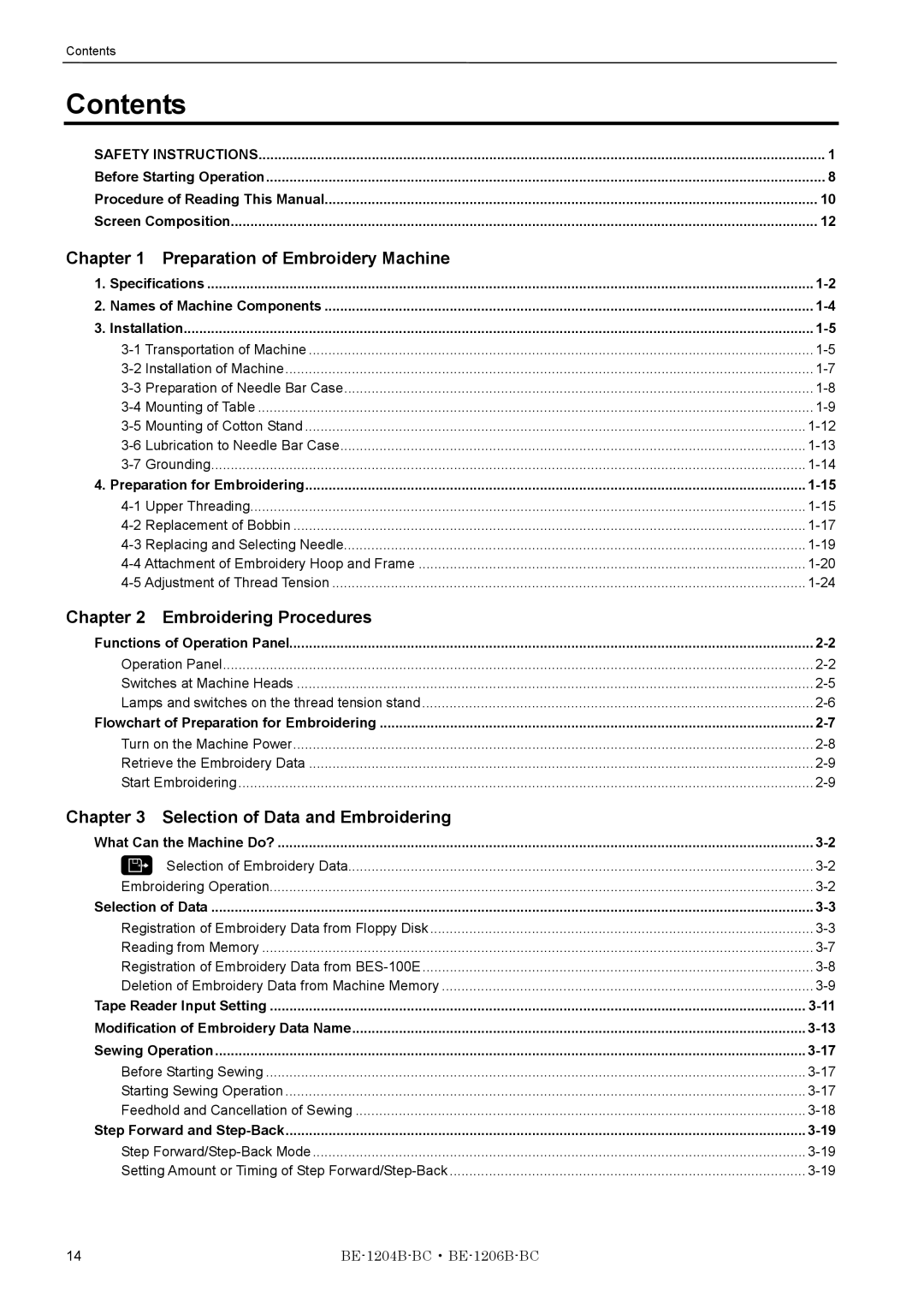 Brother BE-1206B-BC, BE-1204B-BC instruction manual Contents 