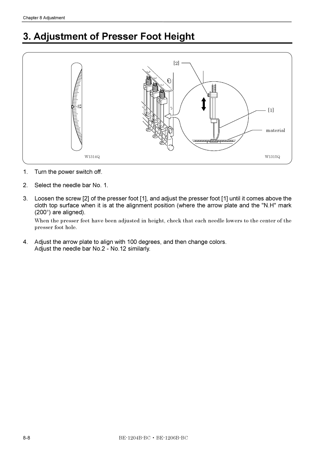 Brother BE-1206B-BC, BE-1204B-BC instruction manual Adjustment of Presser Foot Height 