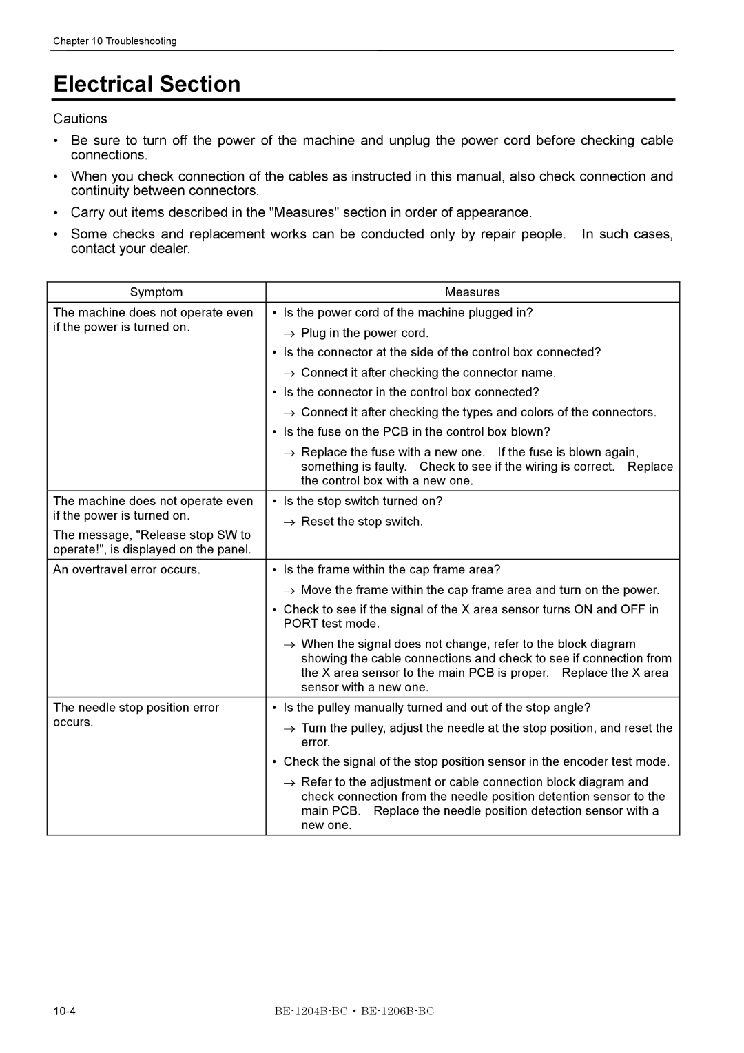 Brother BE-1206B-BC, BE-1204B-BC instruction manual Electrical Section 