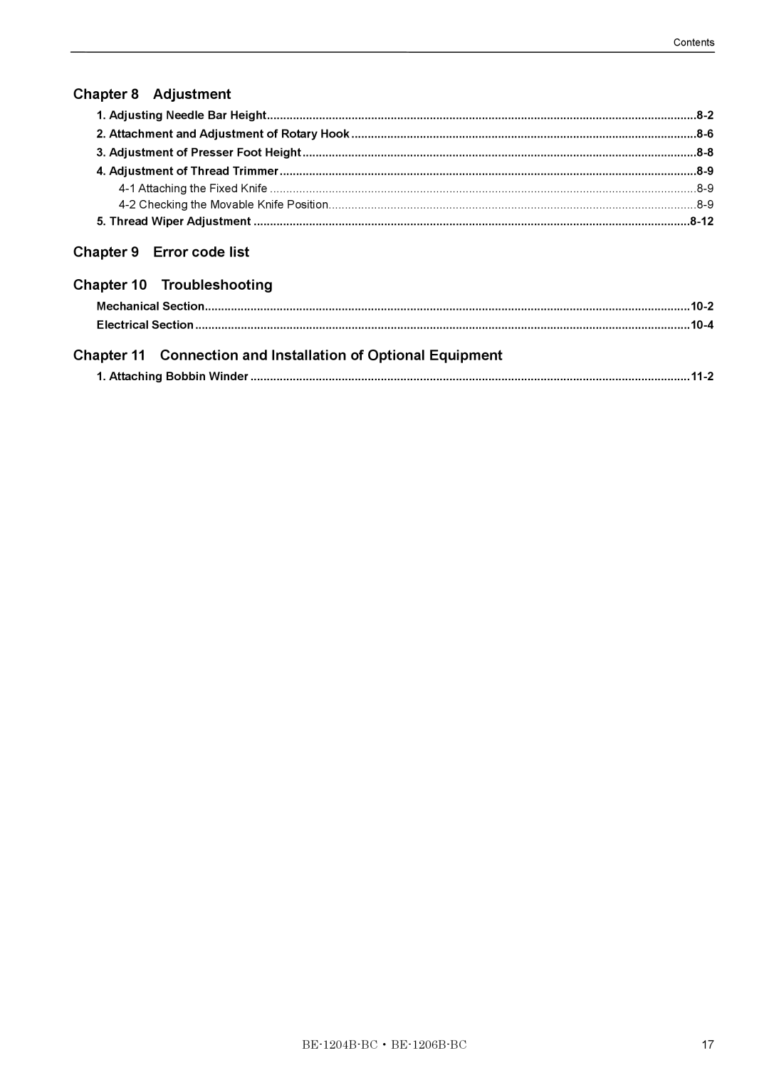 Brother BE-1204B-BC, BE-1206B-BC instruction manual Chapter Adjustment, Chapter Error code list Troubleshooting 