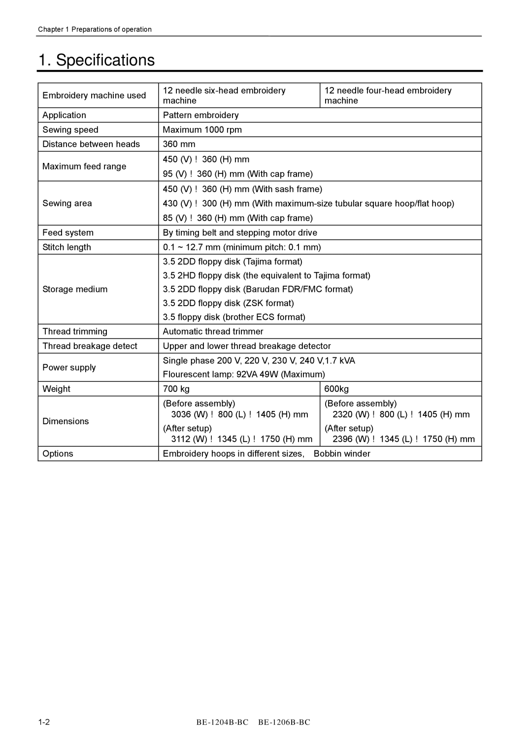 Brother BE-1206B-BC, BE-1204B-BC instruction manual Specifications 