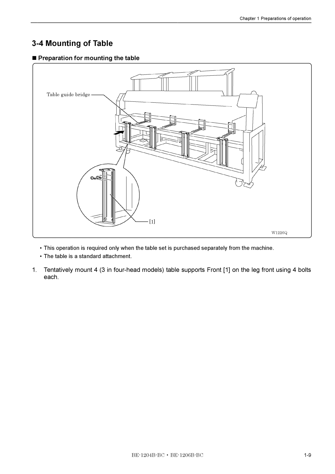 Brother BE-1204B-BC, BE-1206B-BC instruction manual Mounting of Table, Preparation for mounting the table 