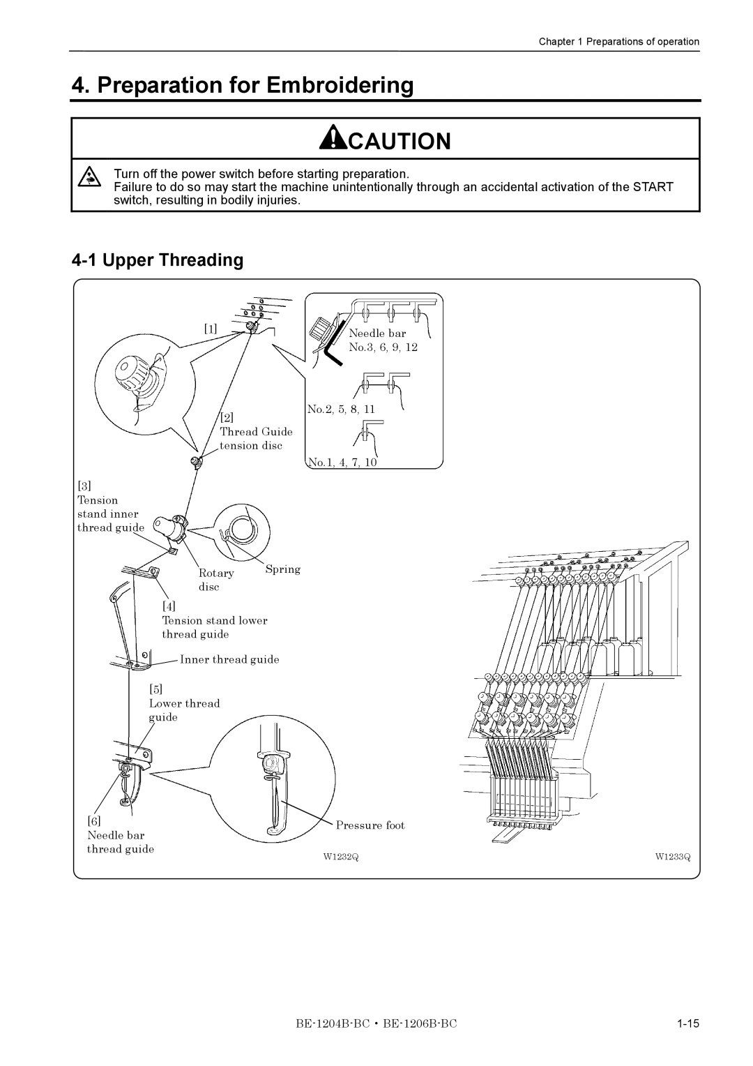 Brother BE-1204B-BC, BE-1206B-BC instruction manual Preparation for Embroidering, Upper Threading 