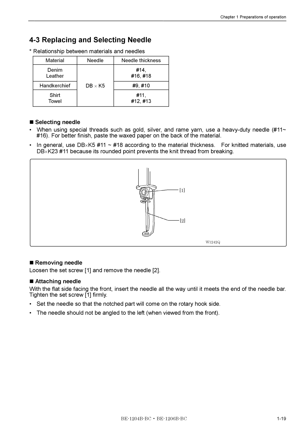 Brother BE-1204B-BC, BE-1206B-BC Replacing and Selecting Needle, Selecting needle, Removing needle, Attaching needle 