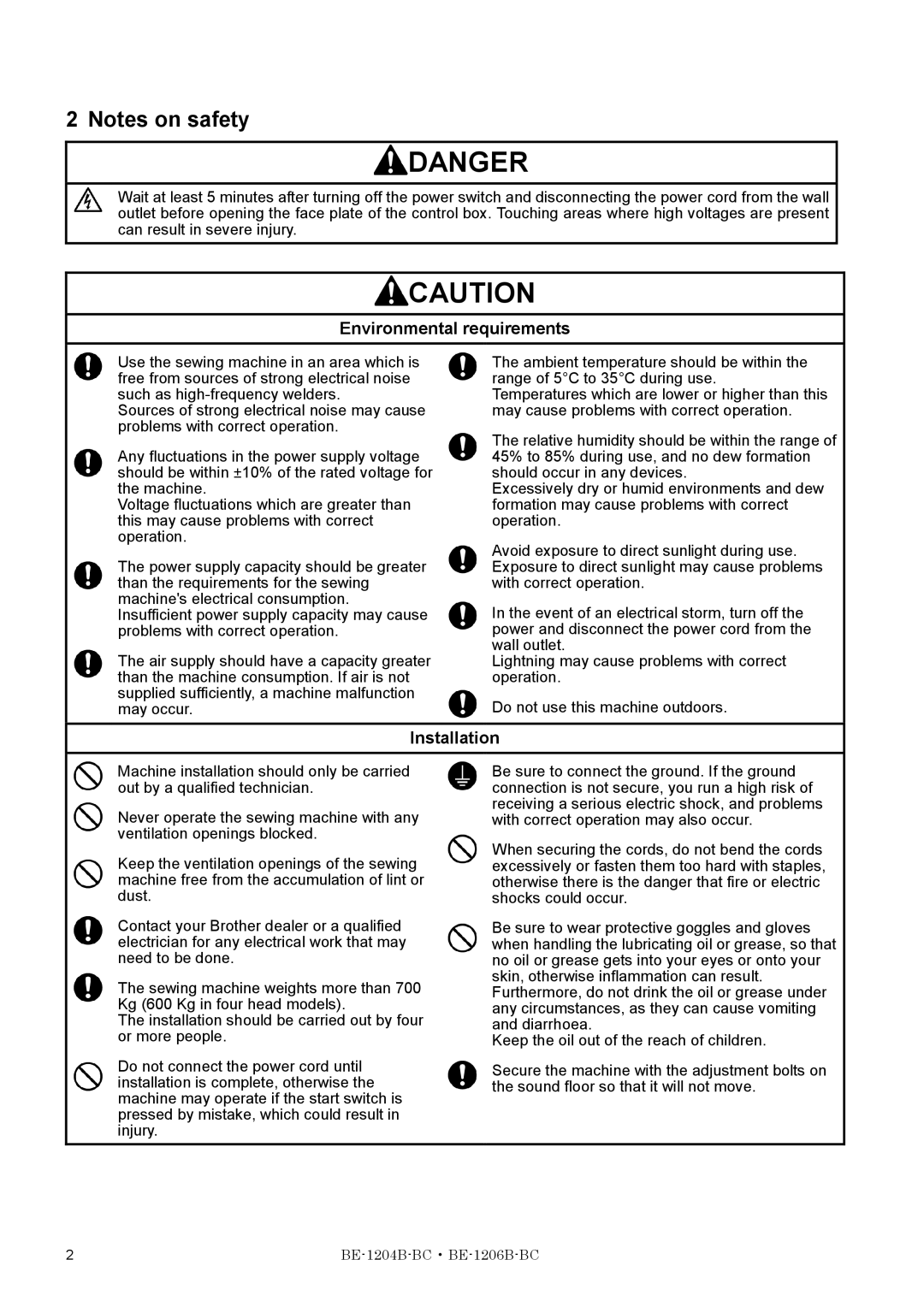 Brother BE-1206B-BC, BE-1204B-BC instruction manual Environmental requirements, Installation 