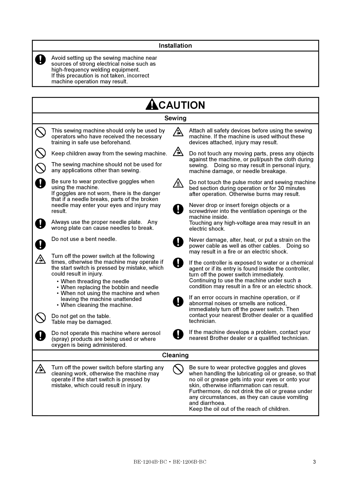 Brother BE-1204B-BC, BE-1206B-BC instruction manual Sewing, Cleaning 