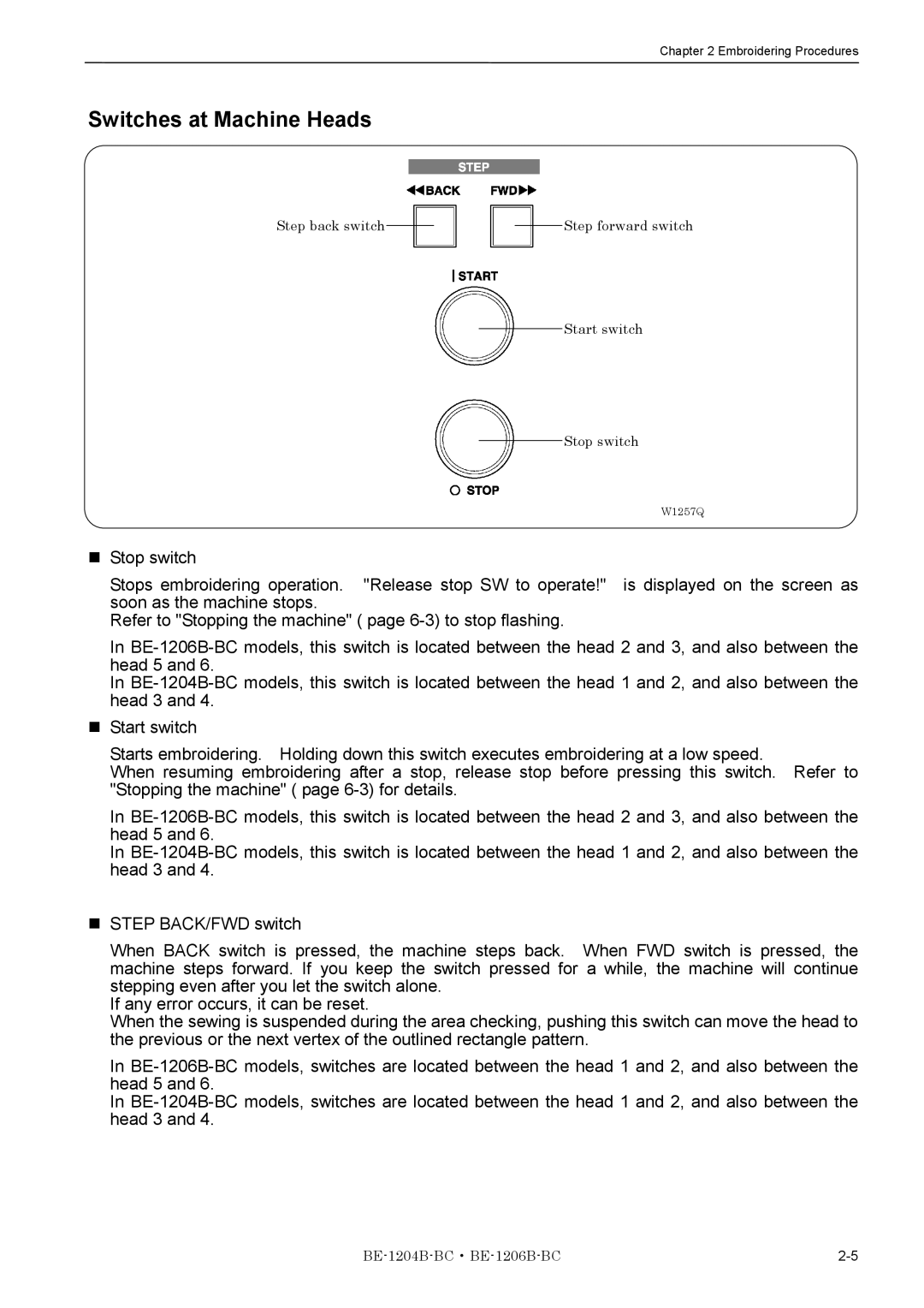 Brother BE-1204B-BC, BE-1206B-BC instruction manual Switches at Machine Heads 