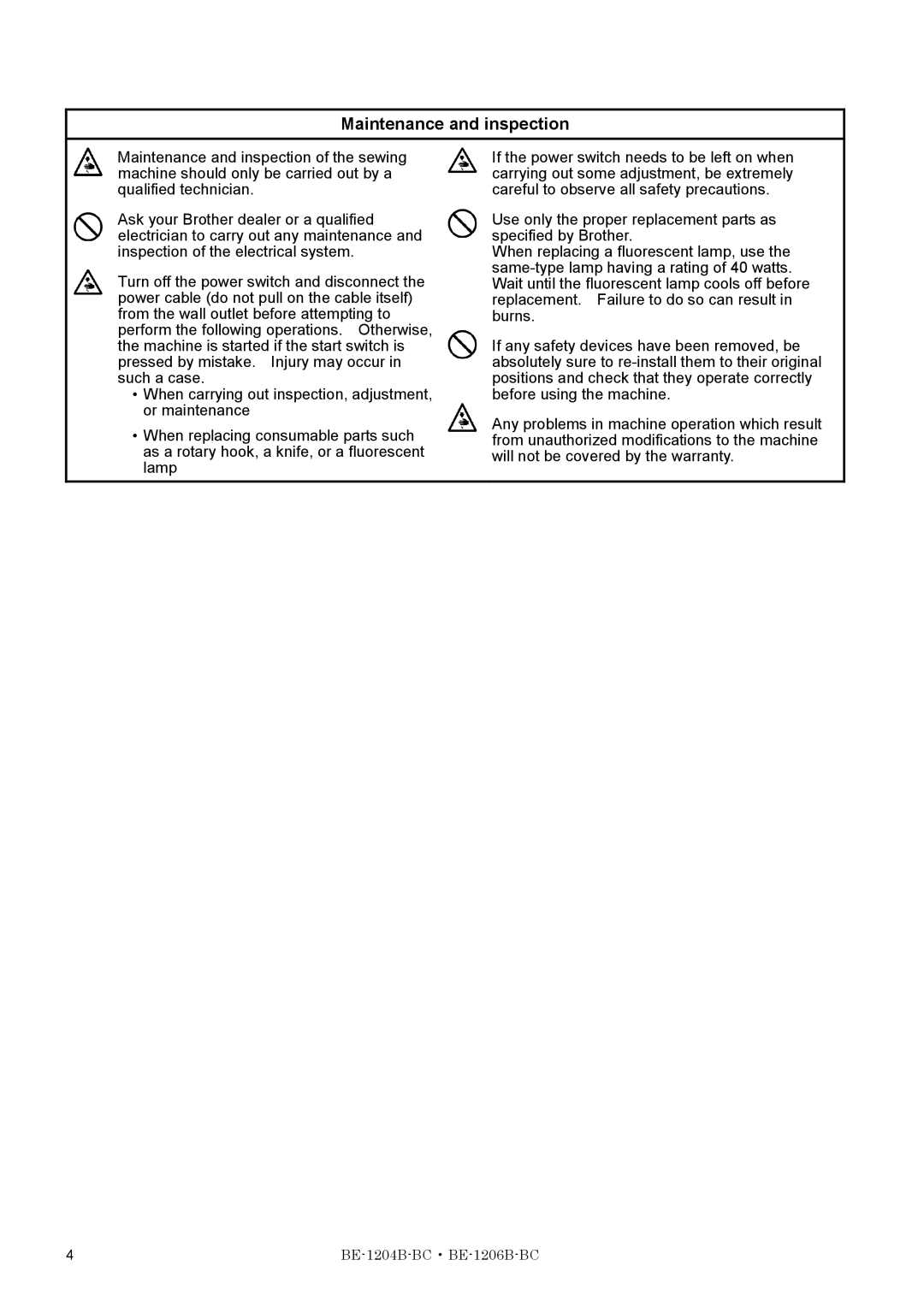 Brother BE-1206B-BC, BE-1204B-BC instruction manual Maintenance and inspection 