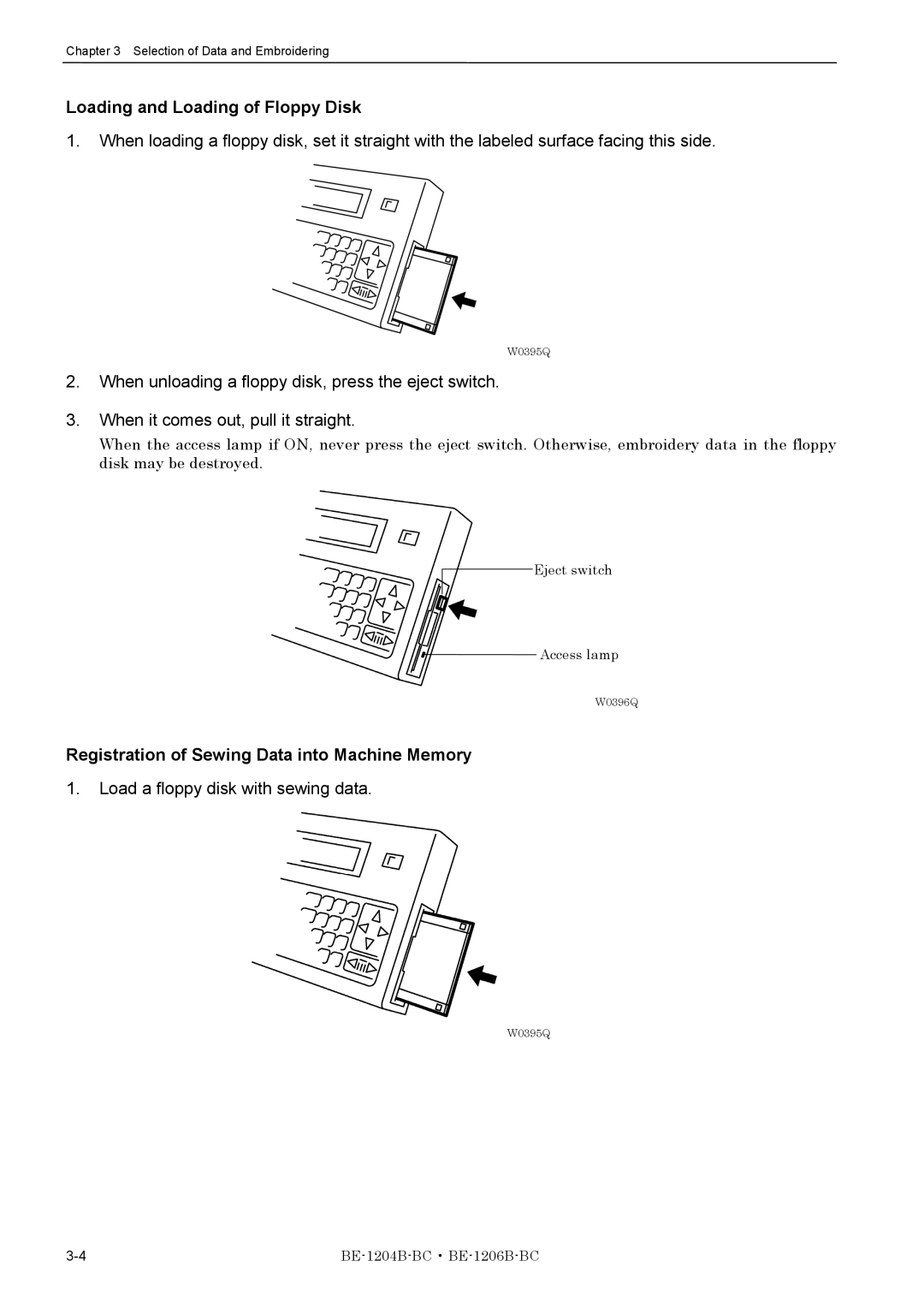 Brother BE-1206B-BC, BE-1204B-BC Loading and Loading of Floppy Disk, Registration of Sewing Data into Machine Memory 