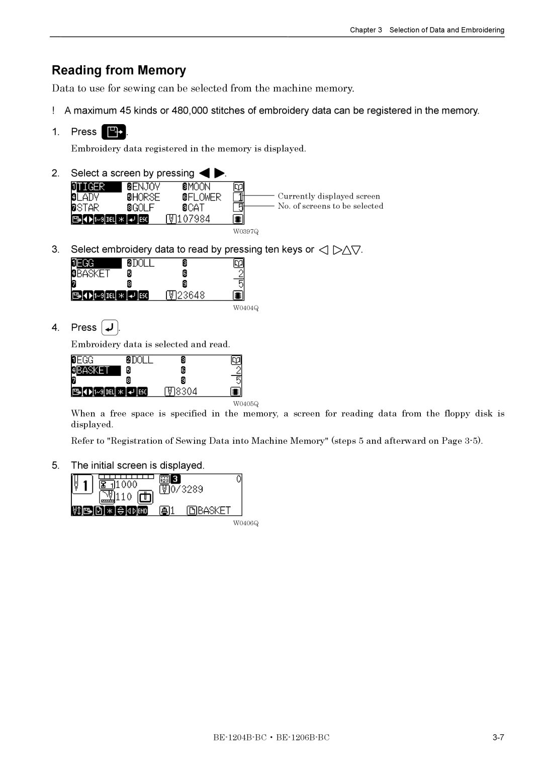 Brother BE-1204B-BC, BE-1206B-BC Reading from Memory, Select a screen by pressing, Initial screen is displayed 