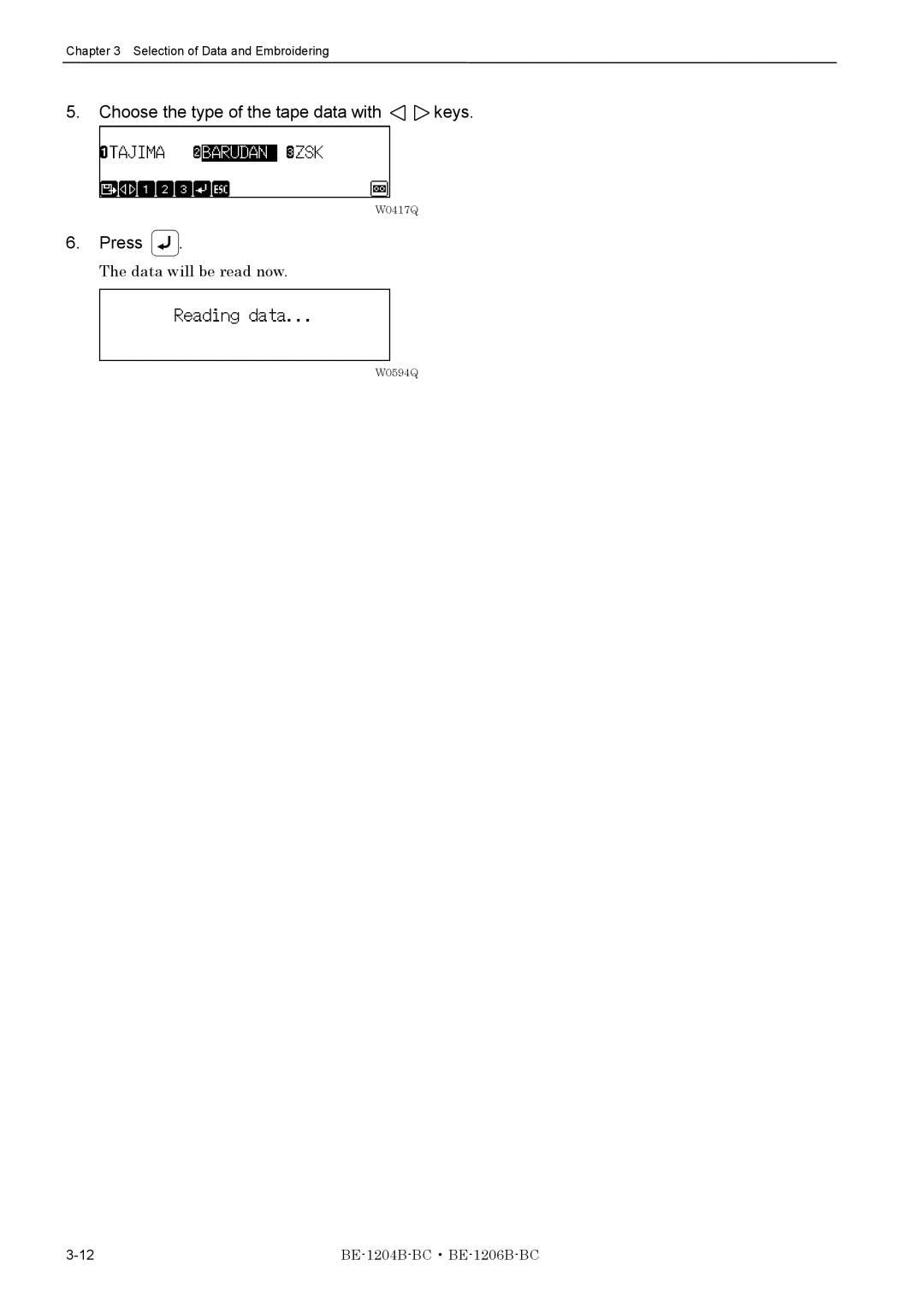 Brother BE-1206B-BC, BE-1204B-BC instruction manual Choose the type of the tape data with keys, Press 