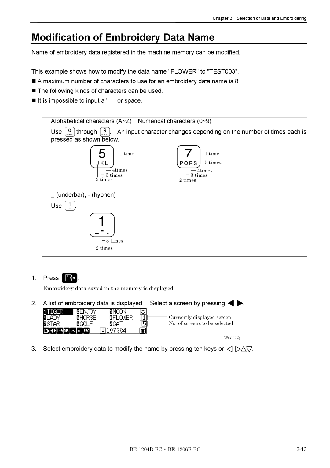 Brother BE-1204B-BC, BE-1206B-BC instruction manual Modification of Embroidery Data Name, Underbar, hyphen Use 