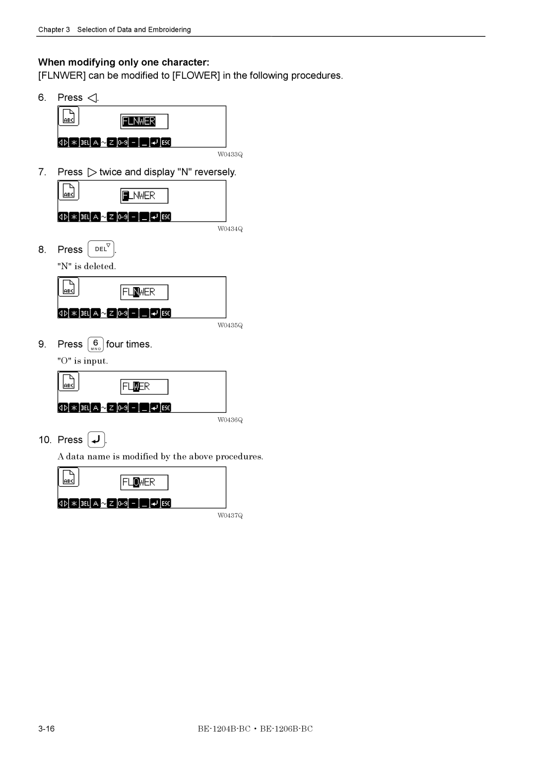 Brother BE-1206B-BC, BE-1204B-BC instruction manual When modifying only one character, Press twice and display N reversely 