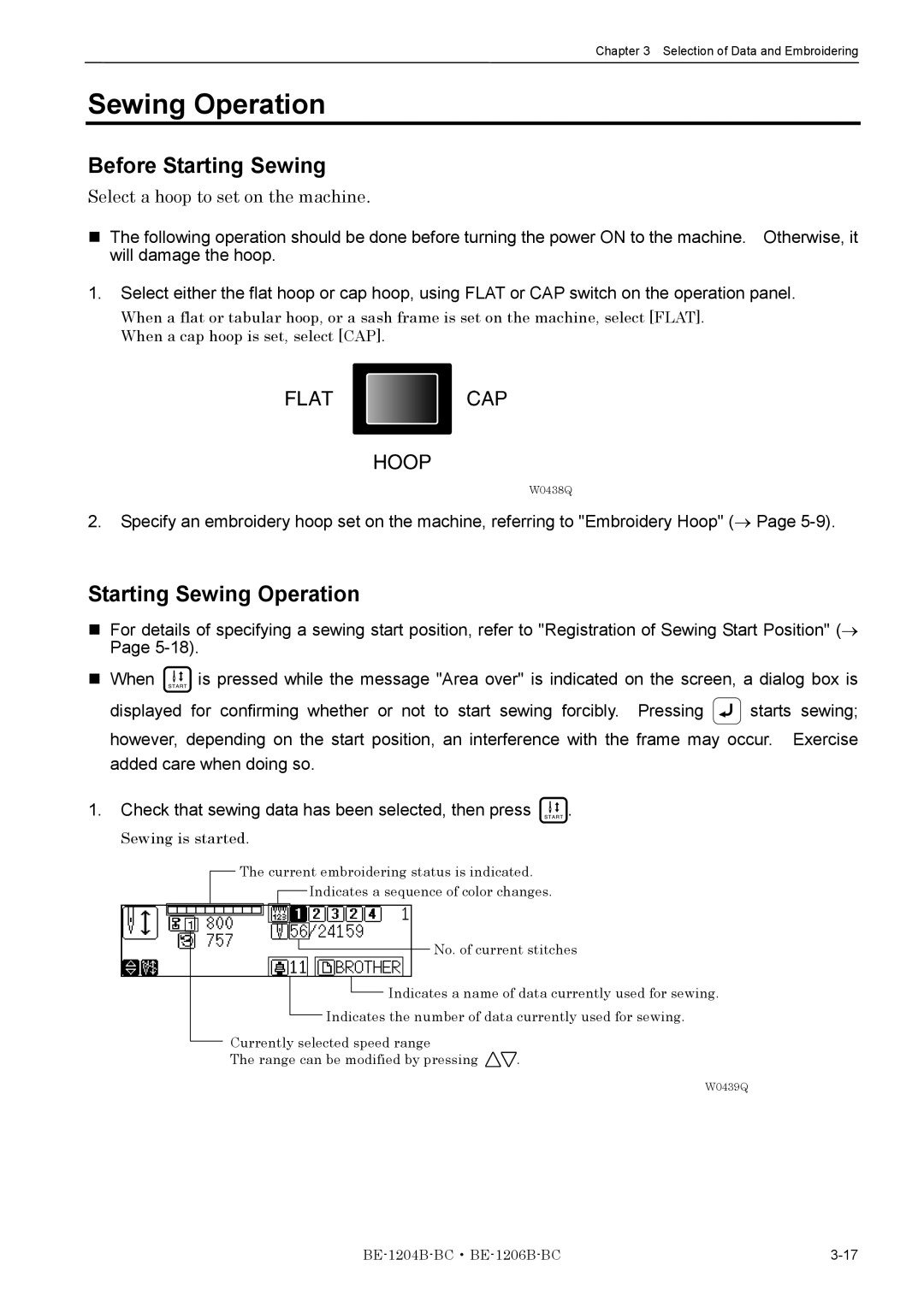 Brother BE-1204B-BC Before Starting Sewing, Starting Sewing Operation, Select a hoop to set on the machine 