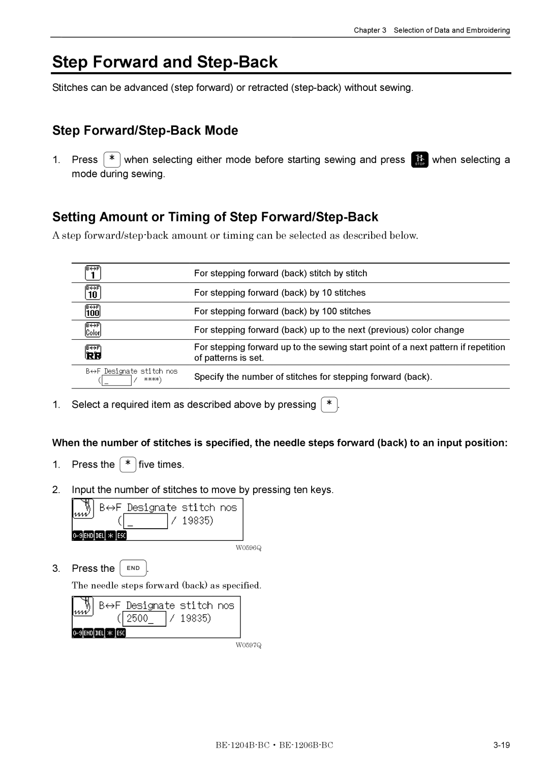 Brother BE-1204B-BC, BE-1206B-BC instruction manual Step Forward and Step-Back, Step Forward/Step-Back Mode 