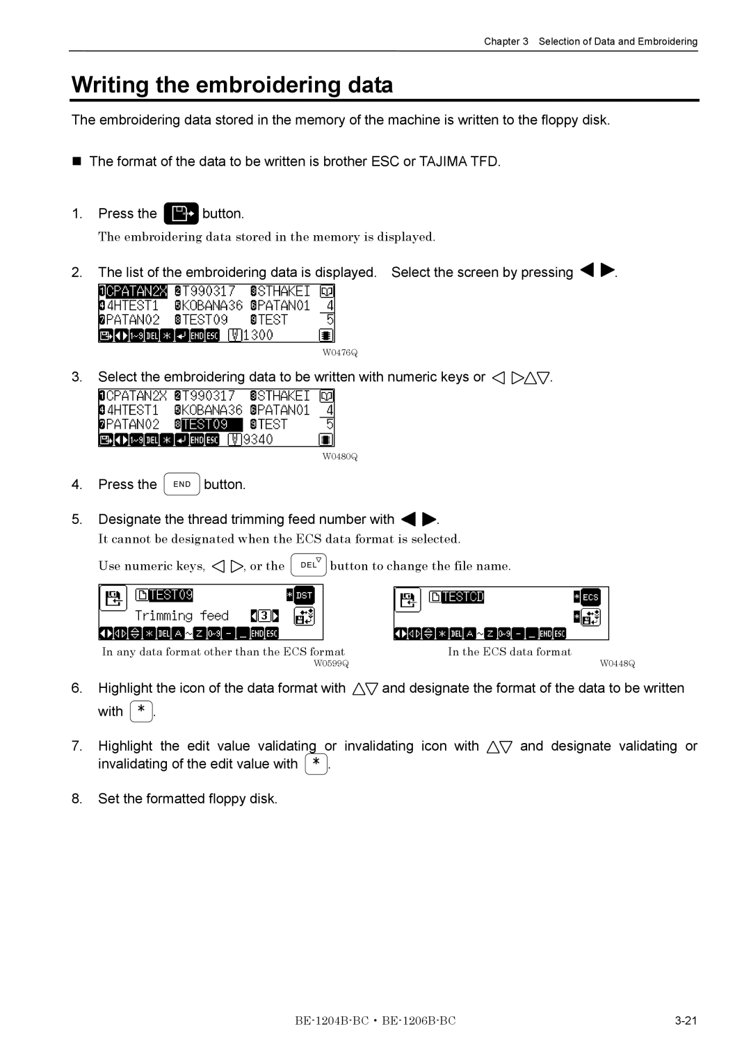 Brother BE-1204B-BC, BE-1206B-BC instruction manual Writing the embroidering data 