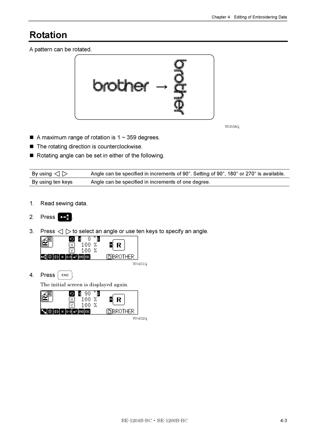 Brother BE-1204B-BC, BE-1206B-BC instruction manual Rotation, Pattern can be rotated 