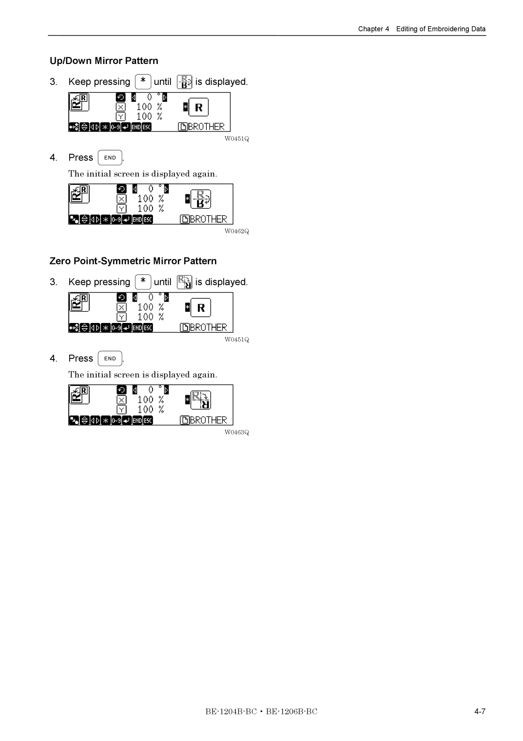 Brother BE-1204B-BC, BE-1206B-BC instruction manual Up/Down Mirror Pattern, Zero Point-Symmetric Mirror Pattern 