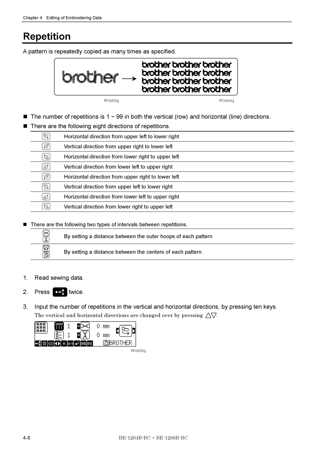 Brother BE-1206B-BC, BE-1204B-BC instruction manual Repetition, Pattern is repeatedly copied as many times as specified 