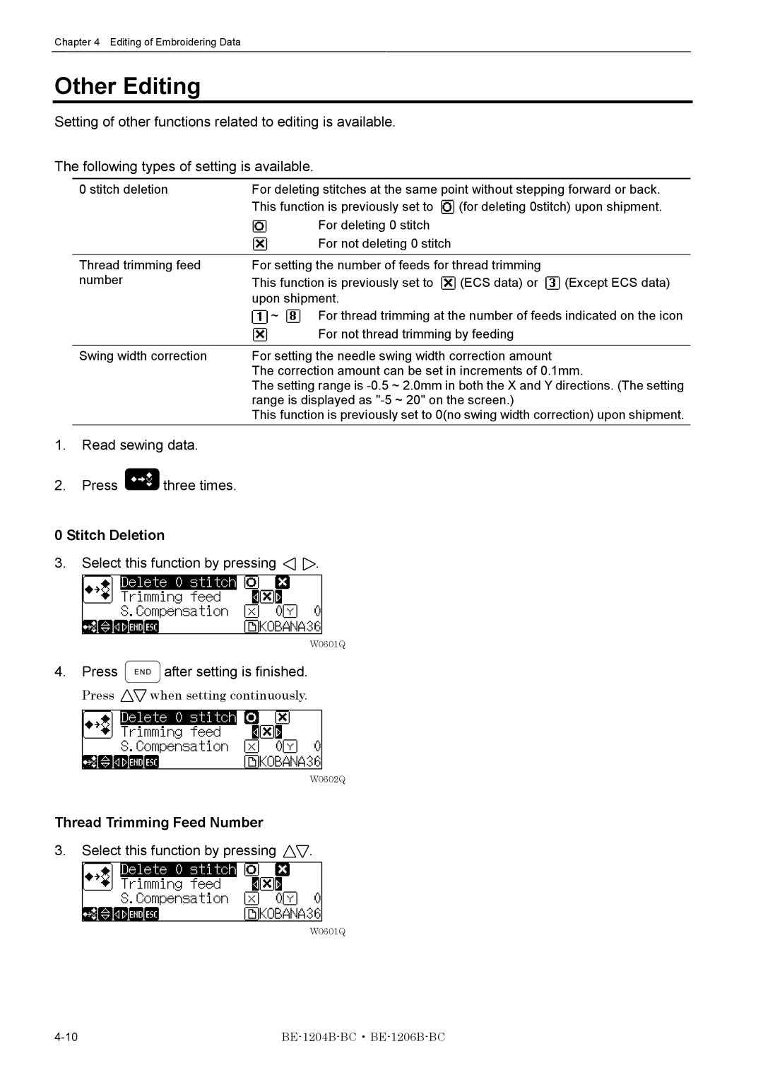 Brother BE-1206B-BC, BE-1204B-BC instruction manual Other Editing, Stitch Deletion, Thread Trimming Feed Number 