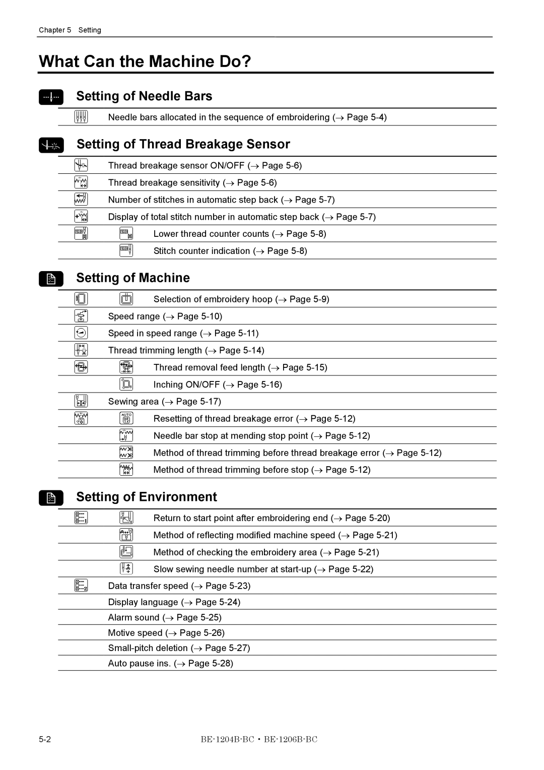 Brother BE-1206B-BC Setting of Needle Bars, Setting of Thread Breakage Sensor, Setting of Machine, Setting of Environment 