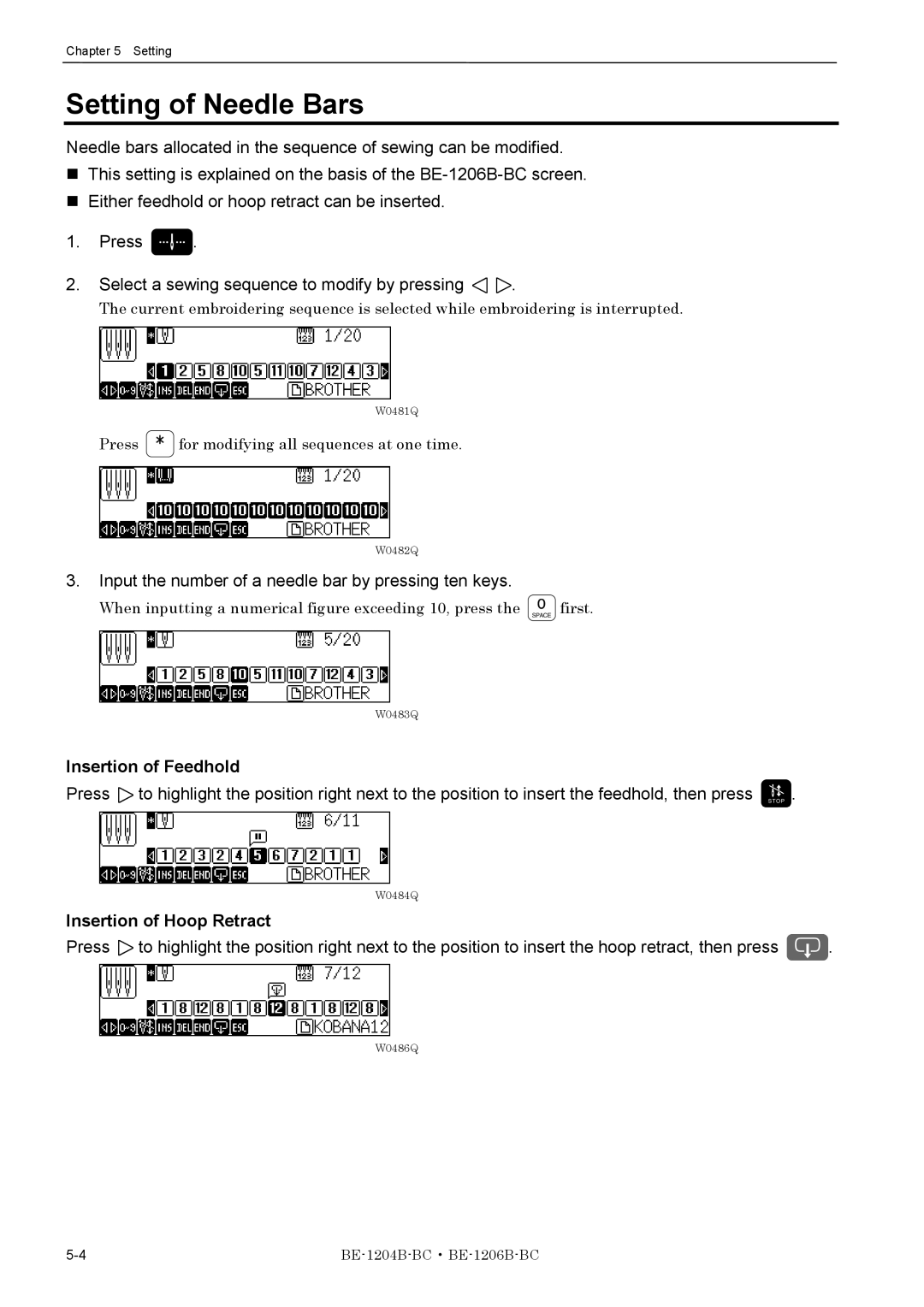 Brother BE-1206B-BC Setting of Needle Bars, Input the number of a needle bar by pressing ten keys, Insertion of Feedhold 