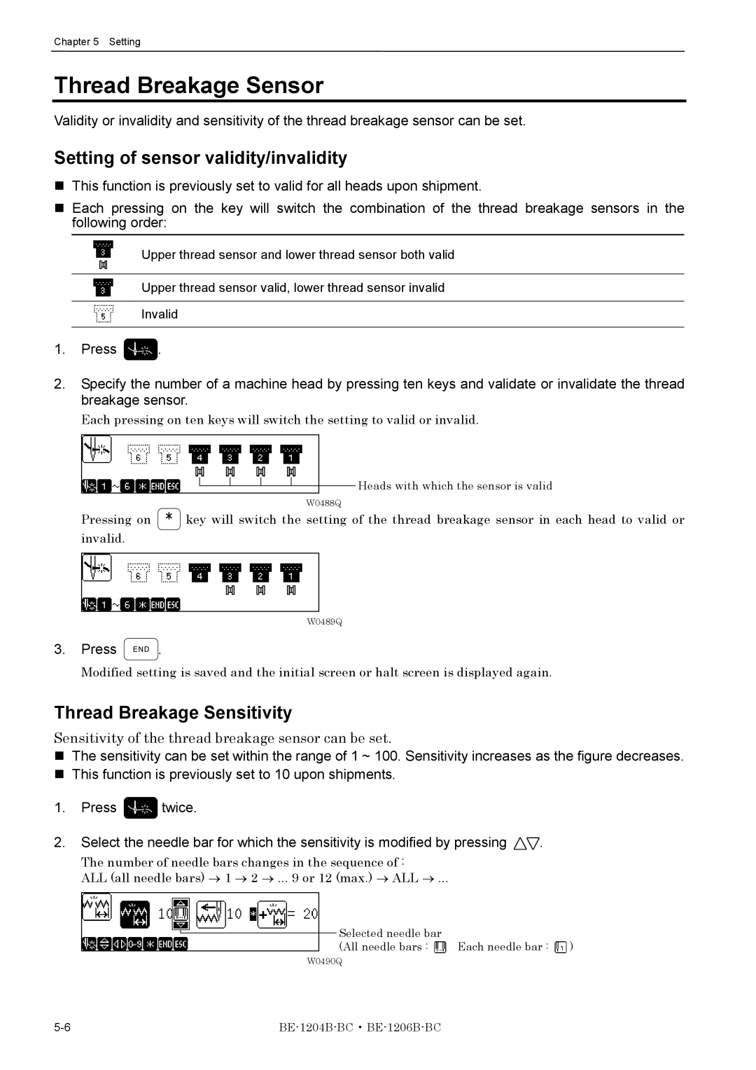 Brother BE-1206B-BC Thread Breakage Sensor, Setting of sensor validity/invalidity, Thread Breakage Sensitivity 