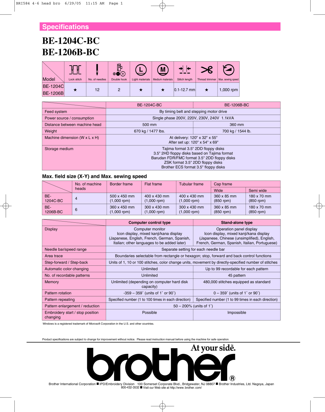 Brother specifications Specifications, BE-1204C-BC BE-1206B-BC, Max. field size X-Y and Max. sewing speed, Model 