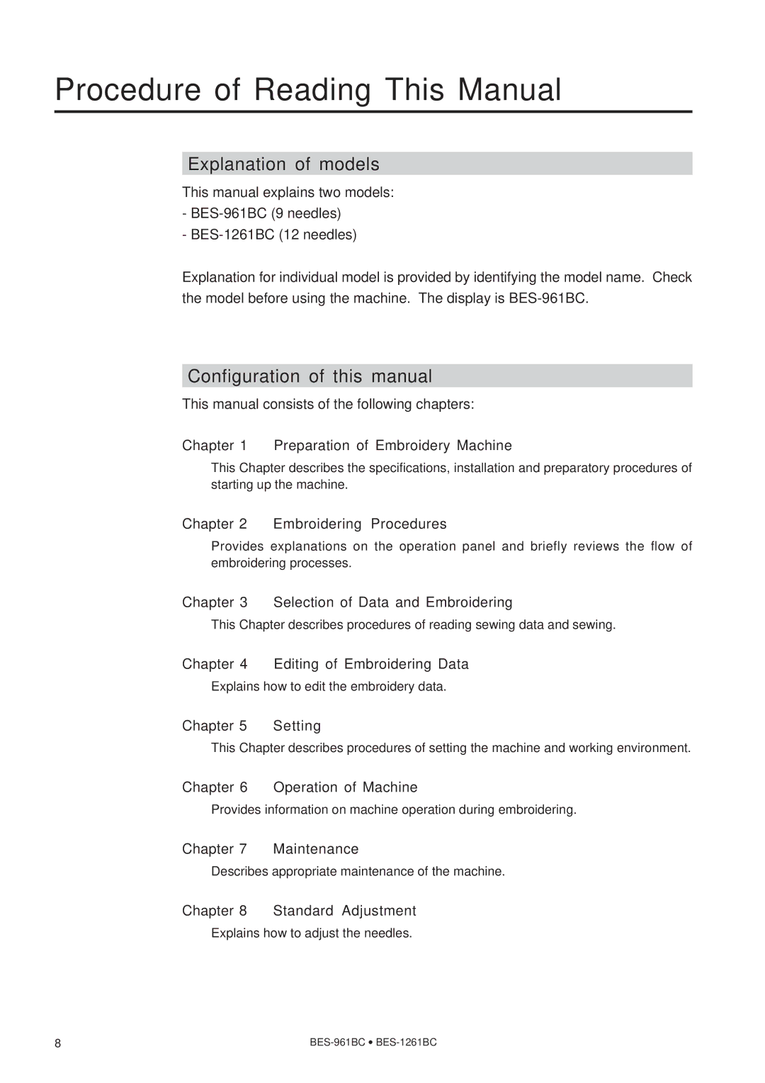 Brother BES-1261BC, BES-961BC Procedure of Reading This Manual, Explanation of models, Configuration of this manual 