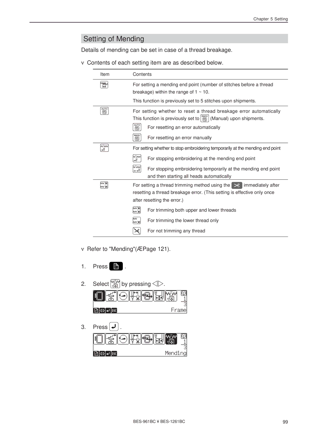 Brother BES-961BC, BES-1261BC instruction manual Setting of Mending, Refer to Mending→Page Press Select by pressing 