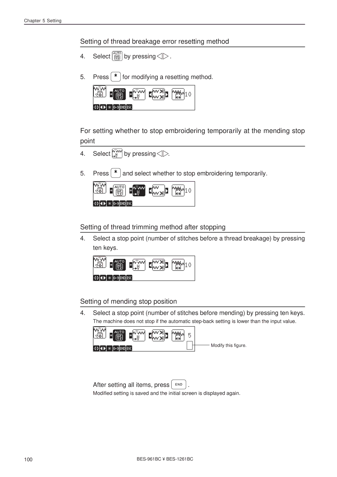 Brother BES-1261BC Setting of thread breakage error resetting method, Setting of thread trimming method after stopping 