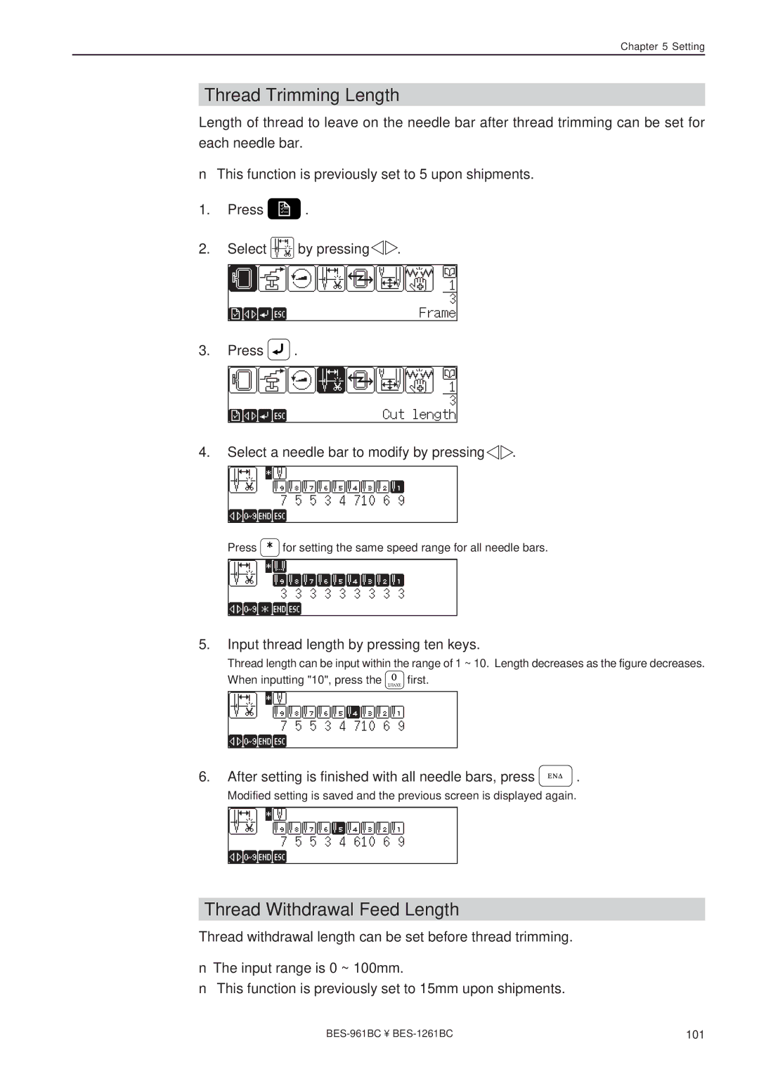 Brother BES-961BC Thread Trimming Length, Thread Withdrawal Feed Length, Input thread length by pressing ten keys 