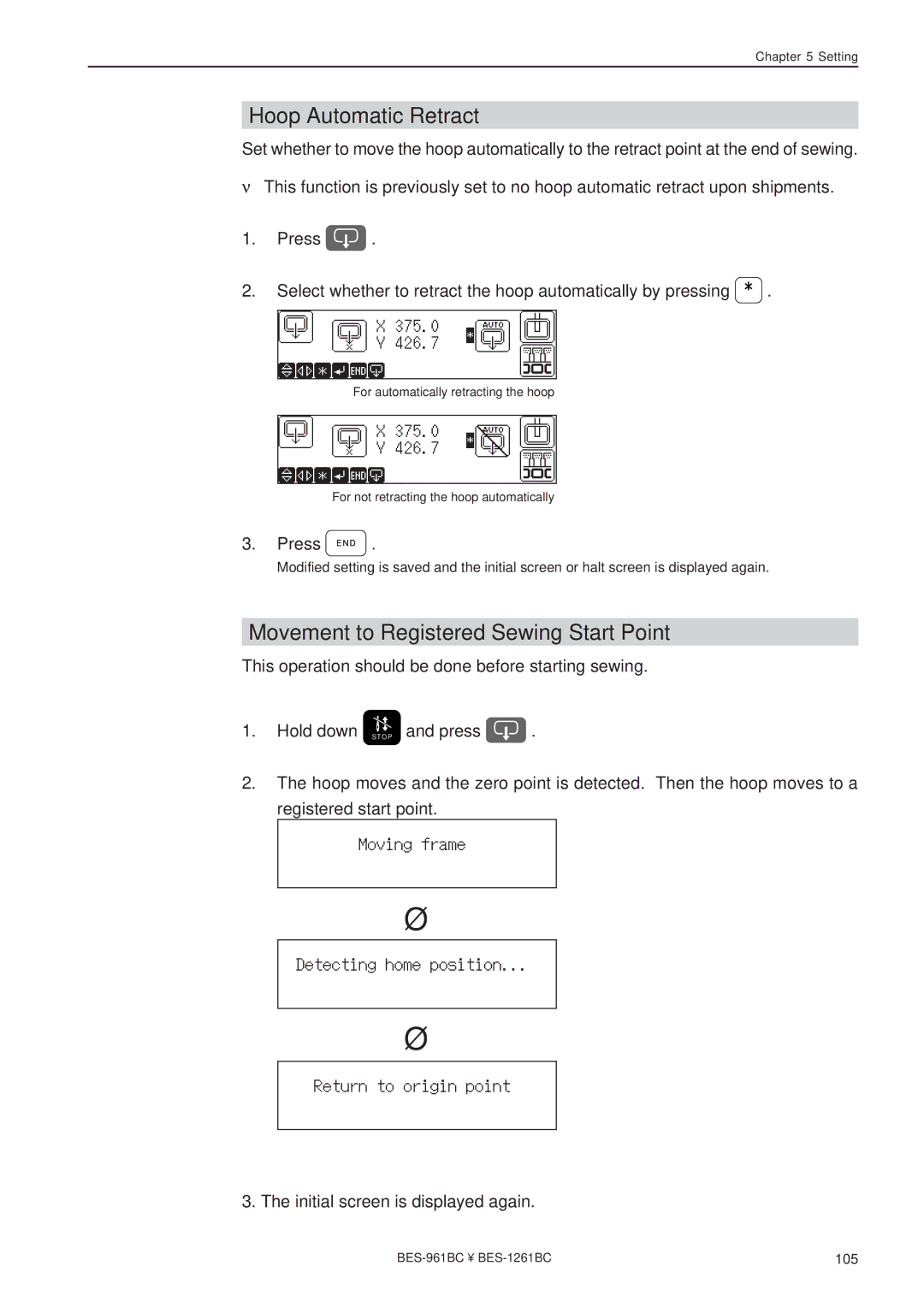 Brother BES-961BC, BES-1261BC instruction manual Hoop Automatic Retract, Movement to Registered Sewing Start Point 