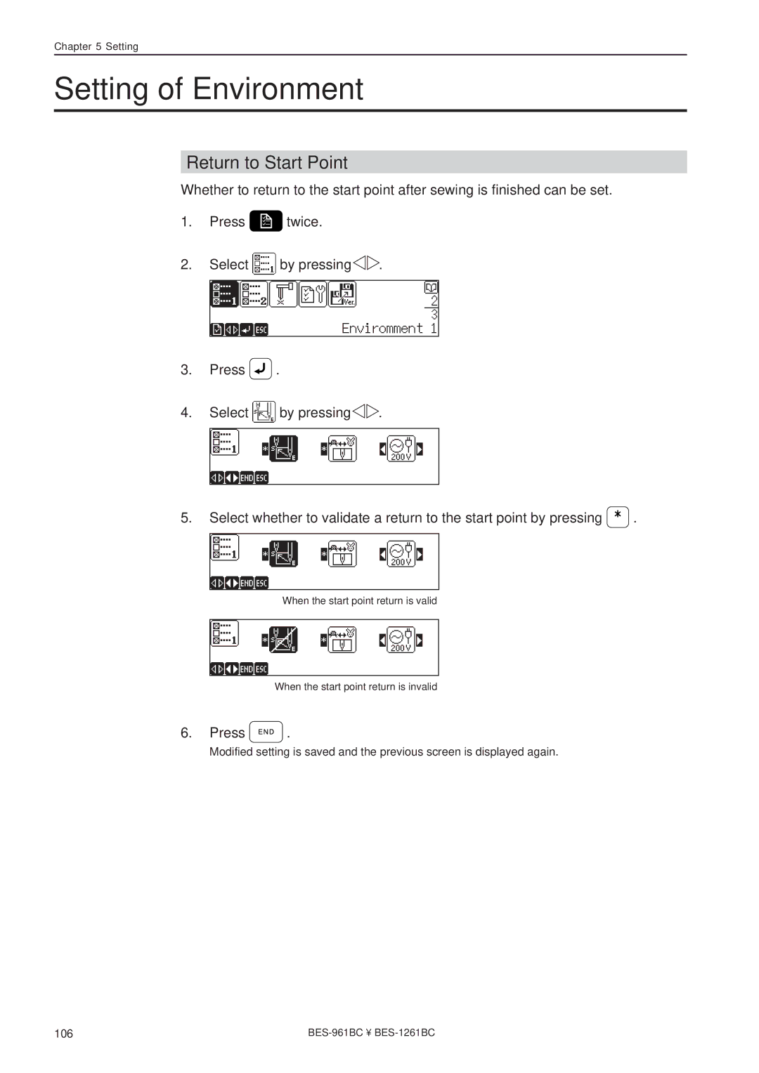 Brother BES-1261BC, BES-961BC instruction manual Setting of Environment, Return to Start Point 