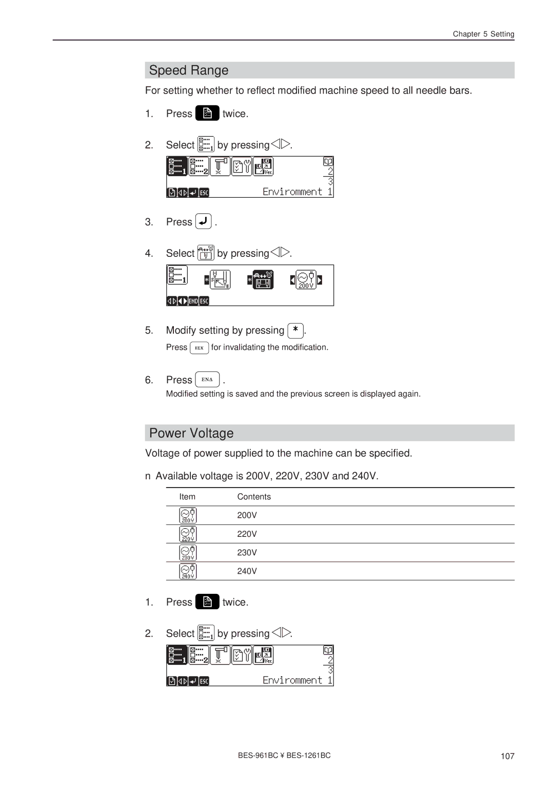 Brother BES-961BC, BES-1261BC instruction manual Power Voltage, Press twice Select By pressing 