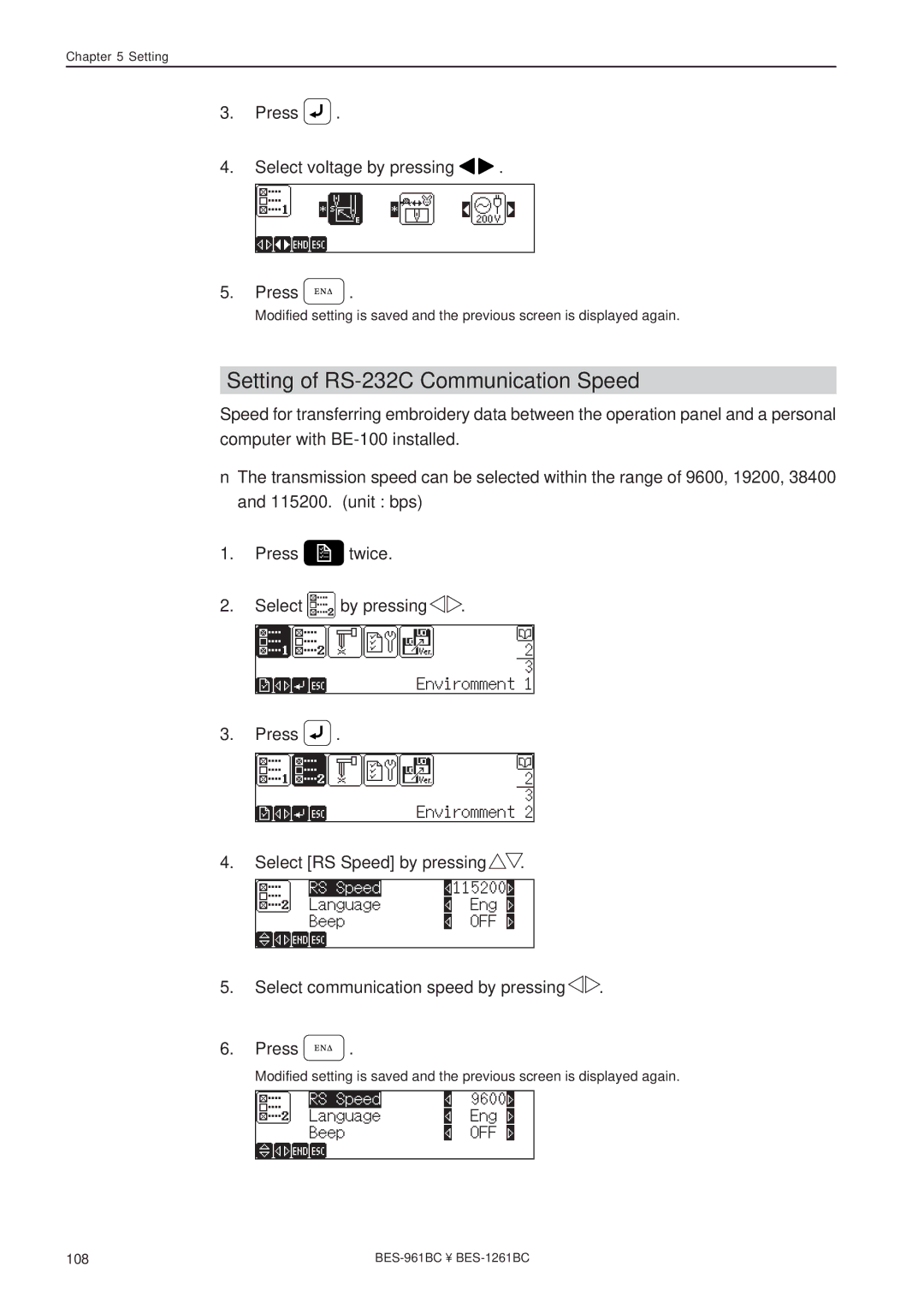 Brother BES-1261BC, BES-961BC Setting of RS-232C Communication Speed, Press Select voltage by pressing Press E N D 