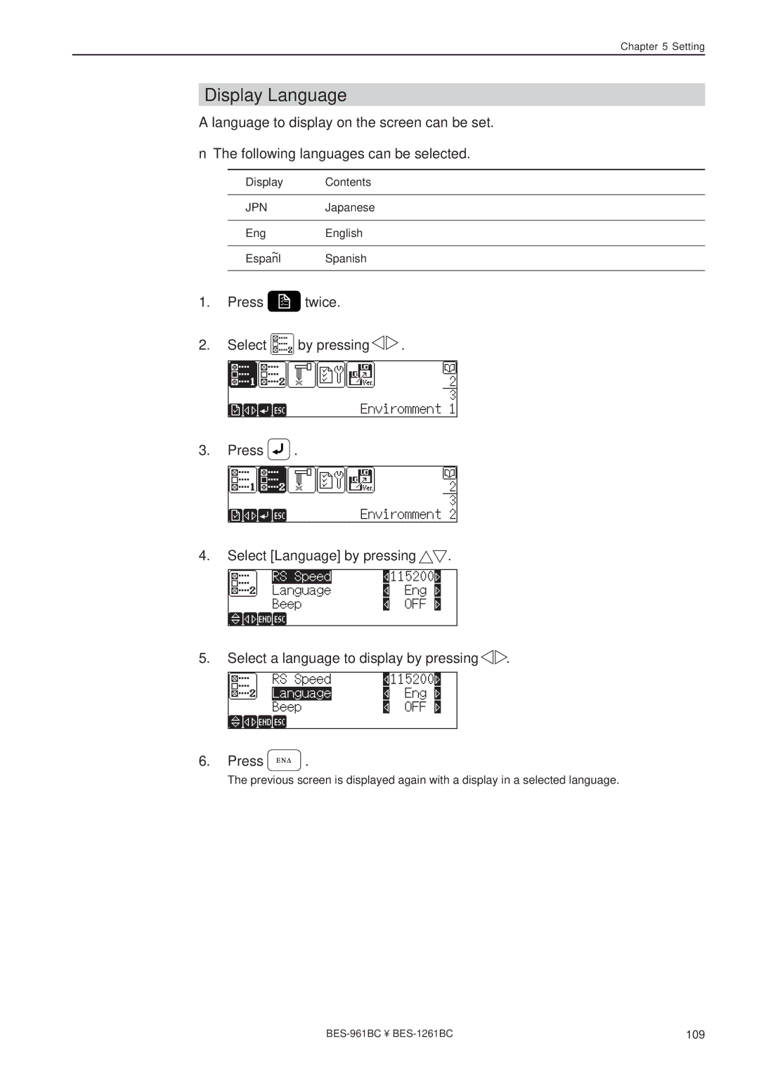 Brother BES-961BC, BES-1261BC instruction manual Display Language 