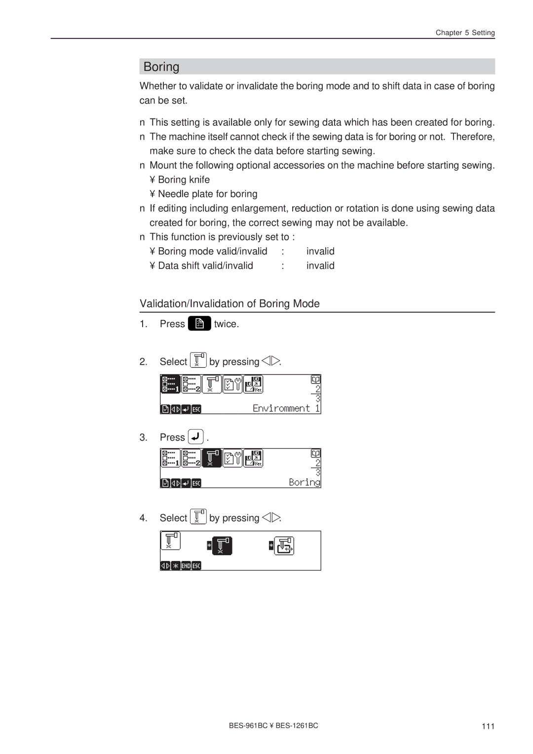 Brother BES-961BC, BES-1261BC instruction manual Validation/Invalidation of Boring Mode 