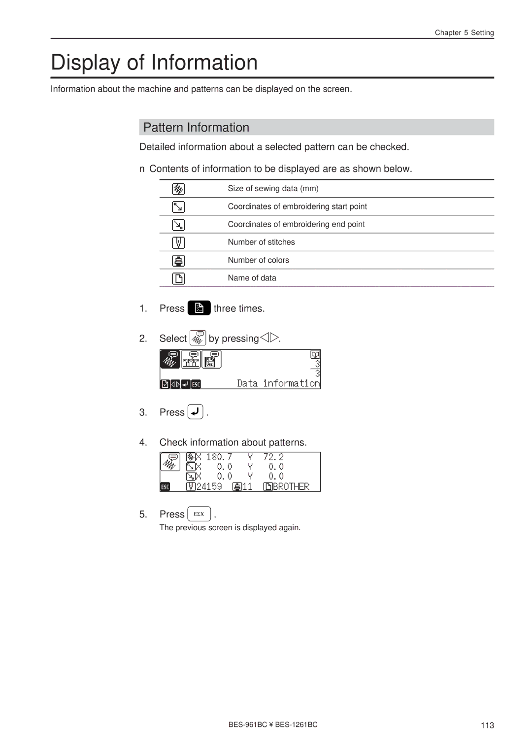 Brother BES-961BC, BES-1261BC instruction manual Display of Information, Pattern Information 