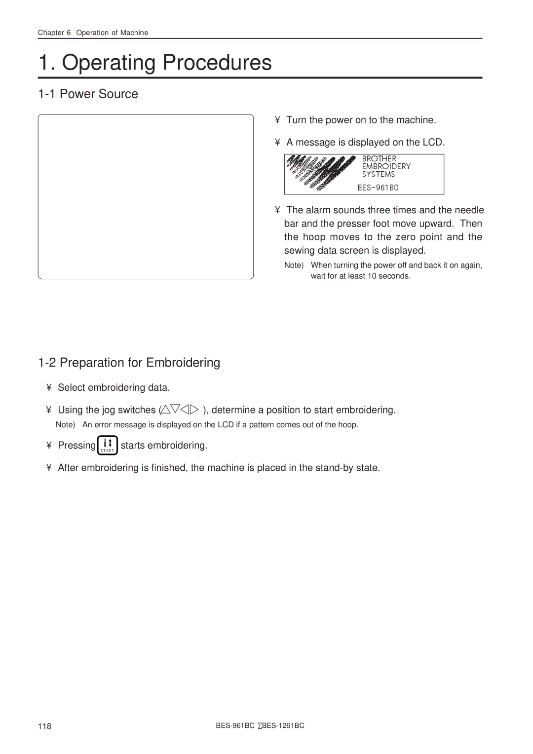 Brother BES-1261BC, BES-961BC instruction manual Operating Procedures, Power Source, Preparation for Embroidering 