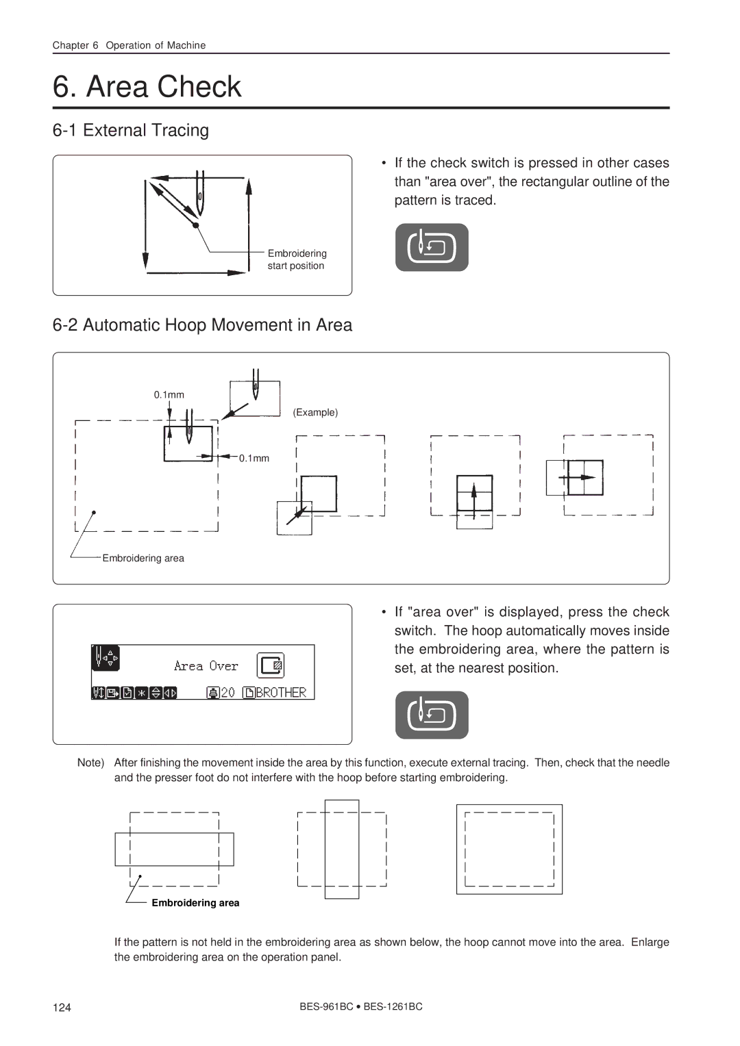 Brother BES-1261BC, BES-961BC instruction manual Area Check, External Tracing, Automatic Hoop Movement in Area 