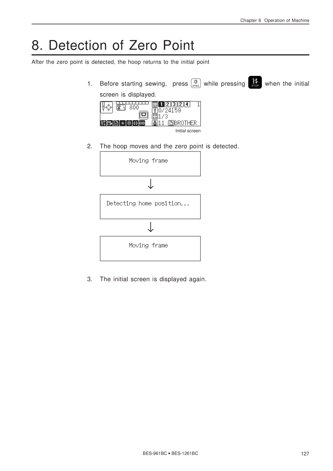 Brother BES-961BC, BES-1261BC instruction manual Detection of Zero Point, Screen Is displayed 