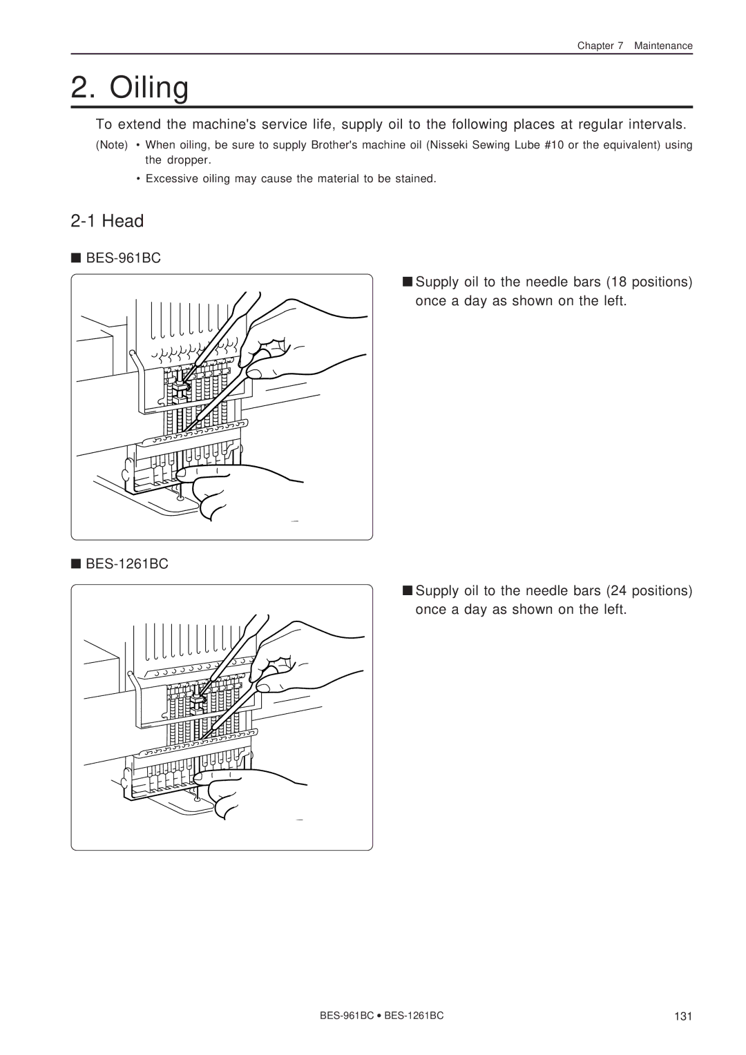 Brother BES-961BC, BES-1261BC instruction manual Oiling, Head 