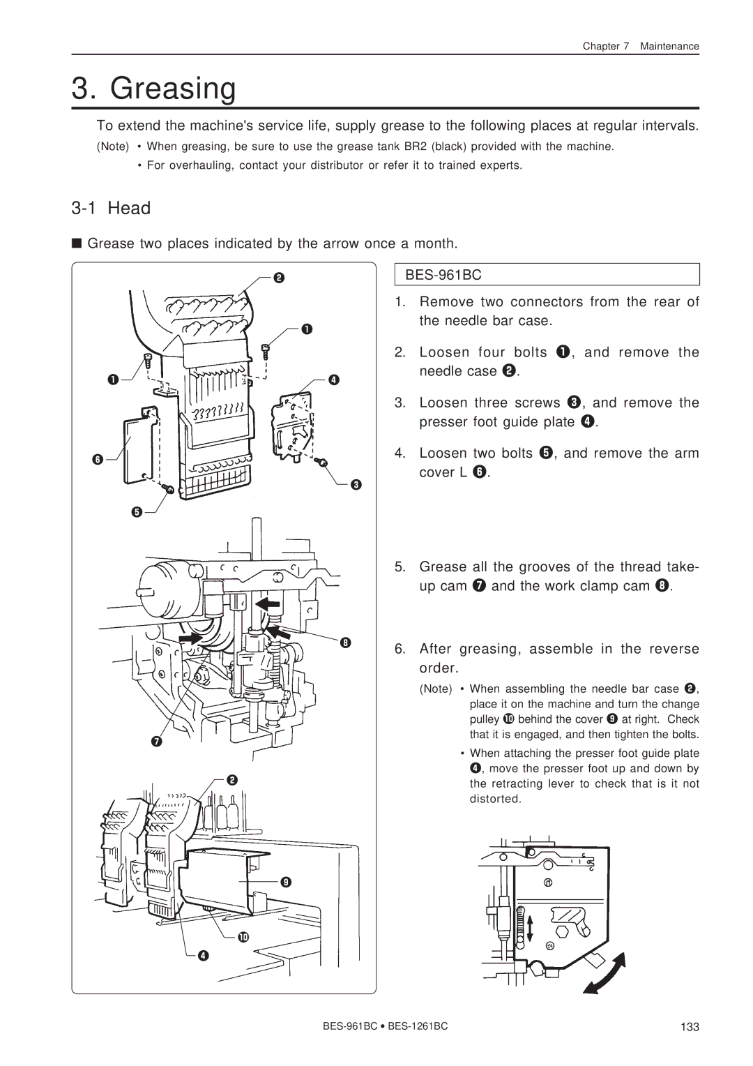 Brother BES-961BC, BES-1261BC instruction manual Greasing, Grease two places indicated by the arrow once a month 